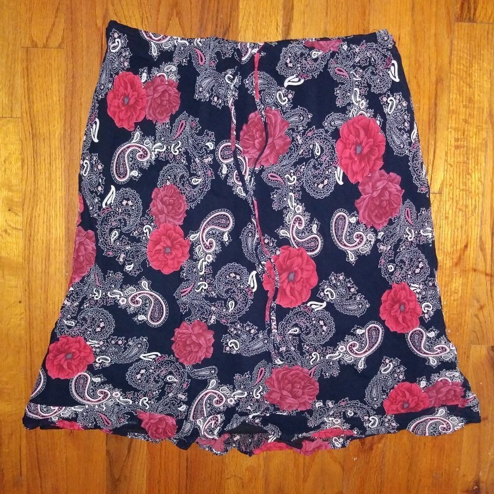 Lapis Anthropologie short skirt Floral Paisley black red pink Sz L elastic waist